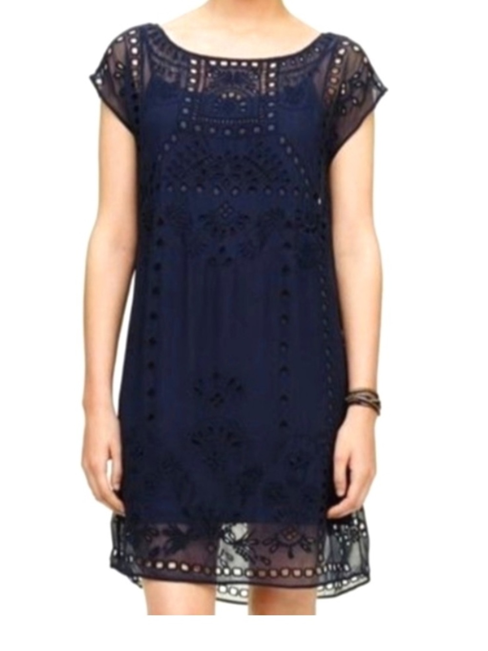 Club Monaco 100% Silk Navy Eyelet Embroidered Dress